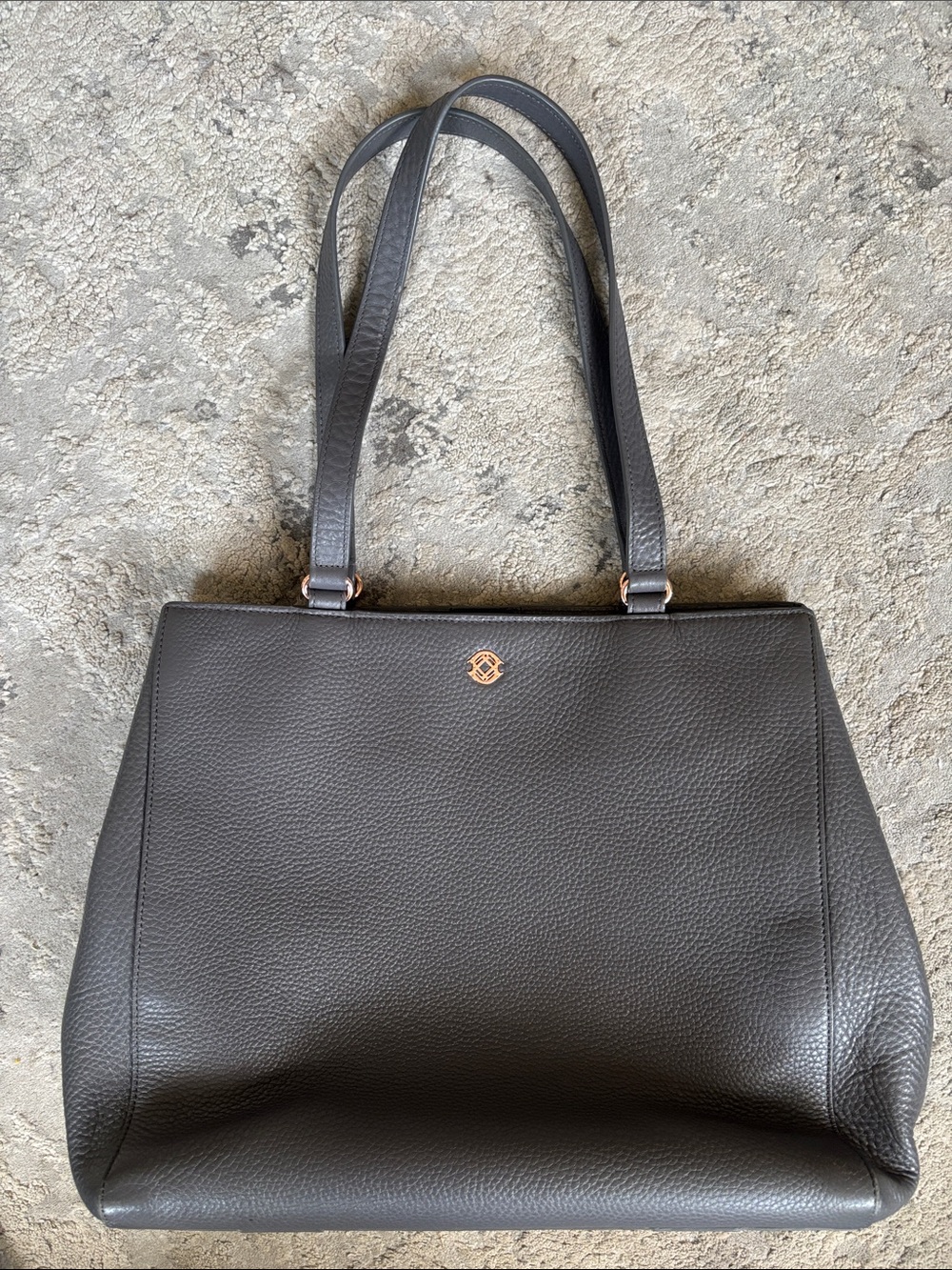 Dagne Dover Charcoal Pebbled Leather Shoulder Tote with Rose Gold Logo